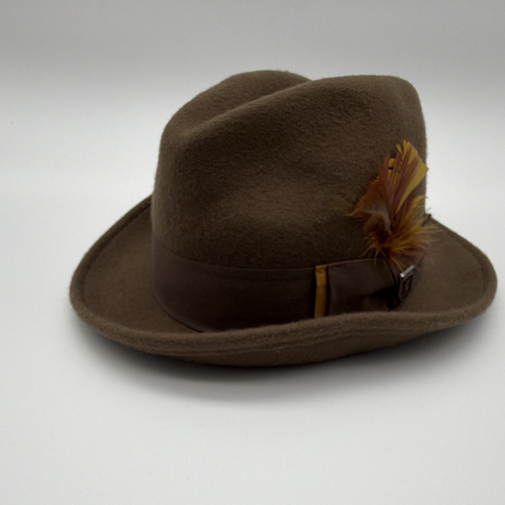 Stacy Adams Men's Brown Solid Fedora Trilby Chelsea Hat Feather Accent, Medium